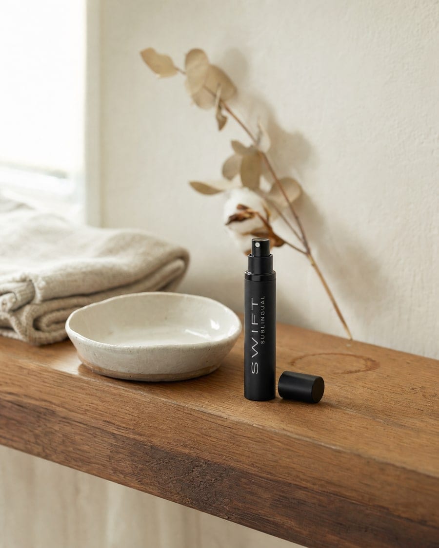 Swift sublingual spray, cap off, on a wooden shelf in morning light